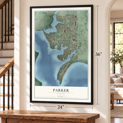 Parker, Florida map, 24 x 36 inch print in a black frame by a staircase