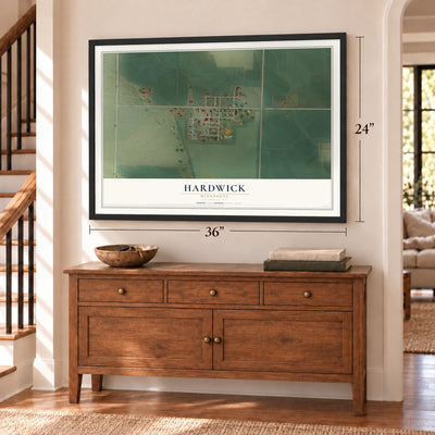 Hardwick, Minnesota map, 24 x 36 inch print in a black frame above a dresser by a staircase