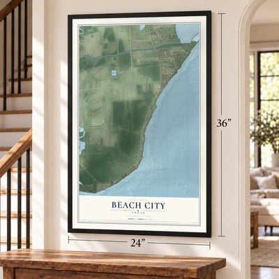 Beach City, Texas map, 24 x 36 inch print in a black frame by a staircase
