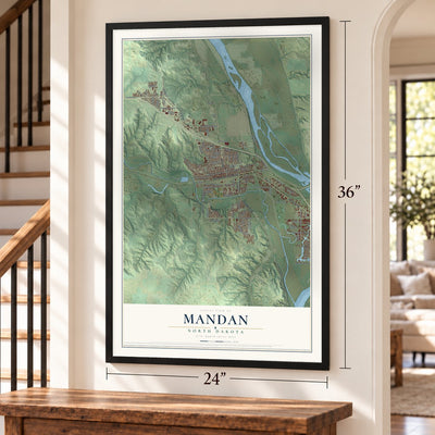 Mandan, North Dakota map, 24 x 36 inch print in a black frame by a staircase