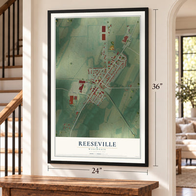 Reeseville, Wisconsin map, 24 x 36 inch print in a black frame by a staircase