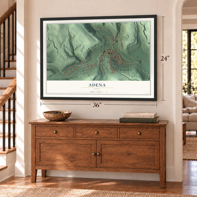 Adena, Ohio map, 24 x 36 inch print in a black frame above a dresser by a staircase