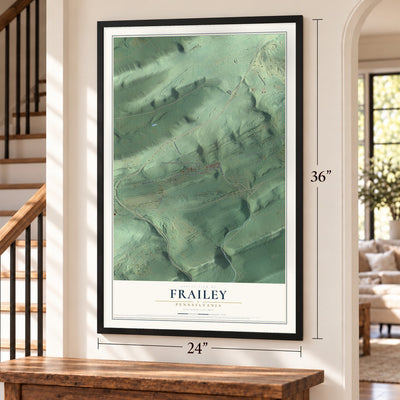 Frailey, Pennsylvania map, 24 x 36 inch print in a black frame by a staircase