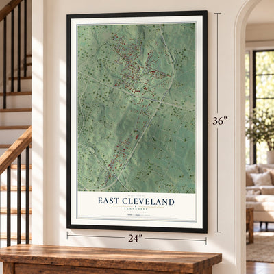 East Cleveland, Tennessee map, 24 x 36 inch print in a black frame by a staircase