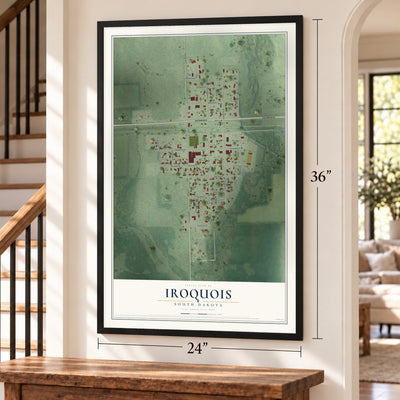 Iroquois, South Dakota map, 24 x 36 inch print in a black frame by a staircase