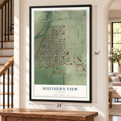 Southern View, Illinois map, 24 x 36 inch print in a black frame by a staircase
