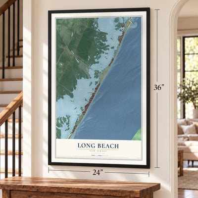 Long Beach, New Jersey map, 24 x 36 inch print in a black frame by a staircase