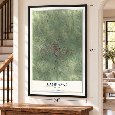 Lampasas, Texas map, 24 x 36 inch print in a black frame by a staircase