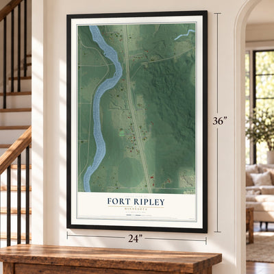 Fort Ripley, Minnesota map, 24 x 36 inch print in a black frame by a staircase