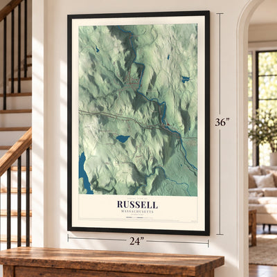 Russell, Massachusetts map, 24 x 36 inch print in a black frame by a staircase