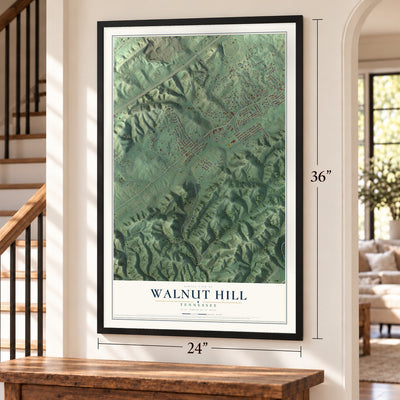 Walnut Hill, Tennessee map, 24 x 36 inch print in a black frame by a staircase