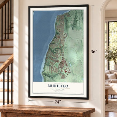 Mukilteo, Washington map, 24 x 36 inch print in a black frame by a staircase