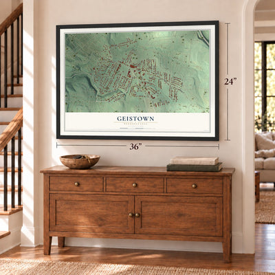 Geistown, Pennsylvania map, 24 x 36 inch print in a black frame above a dresser by a staircase