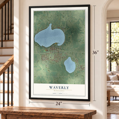 Waverly, Minnesota map, 24 x 36 inch print in a black frame by a staircase