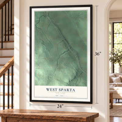 West Sparta, New York map, 24 x 36 inch print in a black frame by a staircase