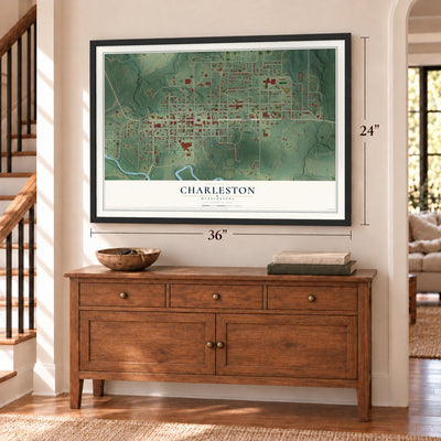 Charleston, Mississippi map, 24 x 36 inch print in a black frame above a dresser by a staircase