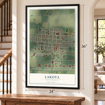 Lakota, North Dakota map, 24 x 36 inch print in a black frame by a staircase
