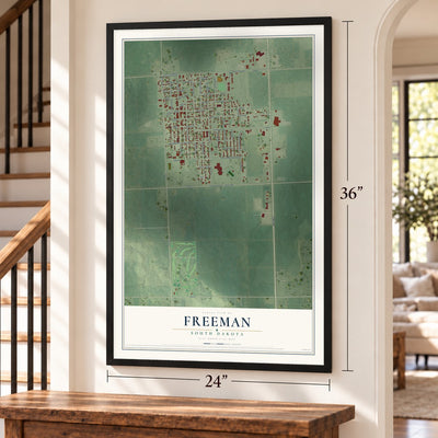 Freeman, South Dakota map, 24 x 36 inch print in a black frame by a staircase