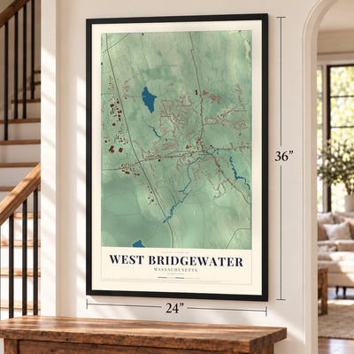 West Bridgewater, Massachusetts map, 24 x 36 inch print in a black frame by a staircase