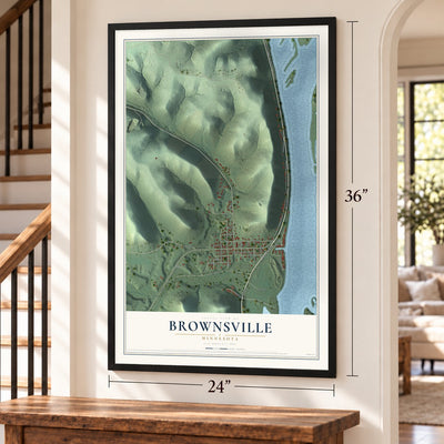 Brownsville, Minnesota map, 24 x 36 inch print in a black frame by a staircase