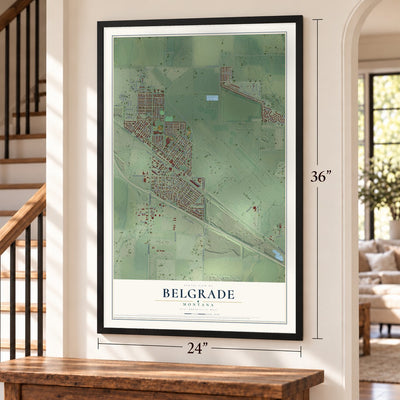 Belgrade, Montana map, 24 x 36 inch print in a black frame by a staircase