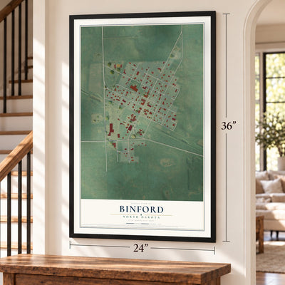 Binford, North Dakota map, 24 x 36 inch print in a black frame by a staircase