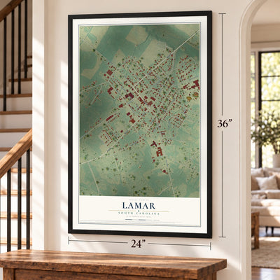 Lamar, South Carolina map, 24 x 36 inch print in a black frame by a staircase