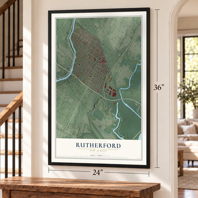 Rutherford, New Jersey map, 24 x 36 inch print in a black frame by a staircase