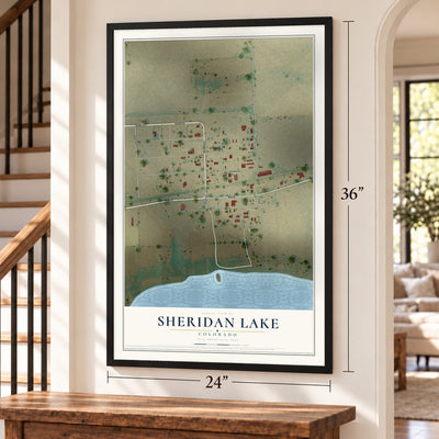Sheridan Lake, Colorado map, 24 x 36 inch print in a black frame by a staircase