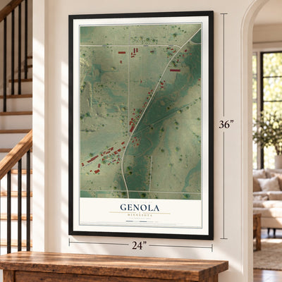 Genola, Minnesota map, 24 x 36 inch print in a black frame by a staircase