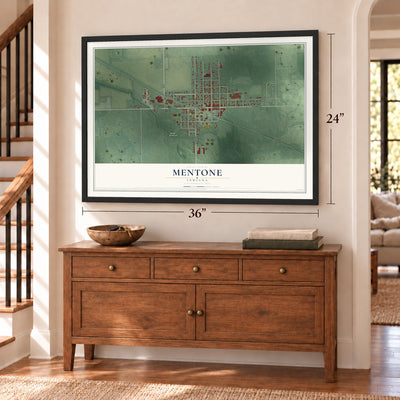Mentone, Indiana map, 24 x 36 inch print in a black frame above a dresser by a staircase