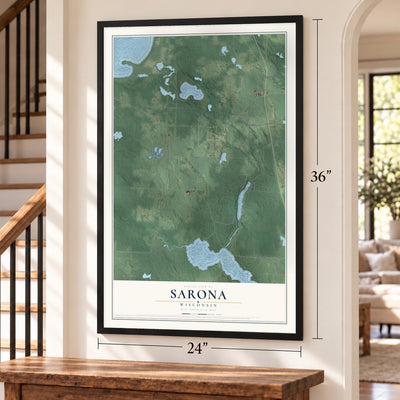Sarona, Wisconsin map, 24 x 36 inch print in a black frame by a staircase
