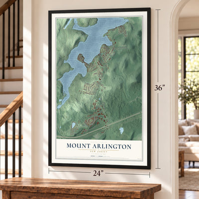 Mount Arlington, New Jersey map, 24 x 36 inch print in a black frame by a staircase