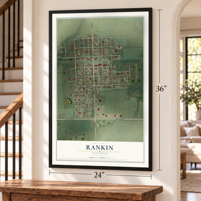 Rankin, Illinois map, 24 x 36 inch print in a black frame by a staircase