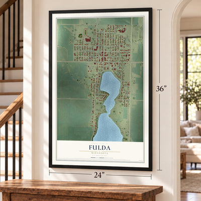 Fulda, Minnesota map, 24 x 36 inch print in a black frame by a staircase