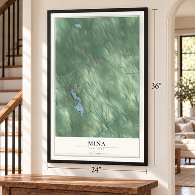Mina, New York map, 24 x 36 inch print in a black frame by a staircase