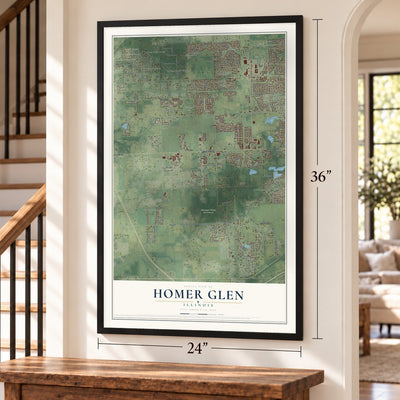 Homer Glen, Illinois map, 24 x 36 inch print in a black frame by a staircase