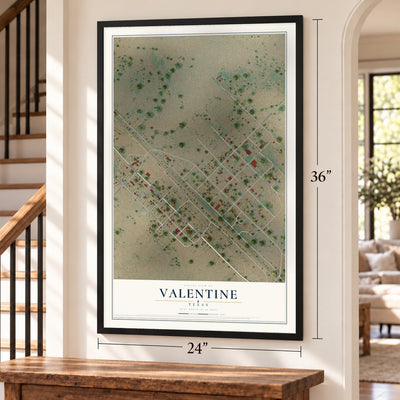 Valentine, Texas map, 24 x 36 inch print in a black frame by a staircase
