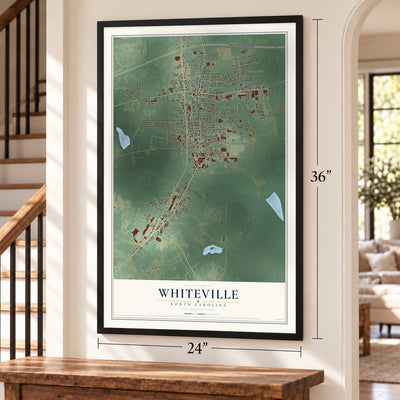 Whiteville, North Carolina map, 24 x 36 inch print in a black frame by a staircase