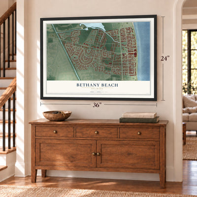Bethany Beach, Delaware map, 24 x 36 inch print in a black frame above a dresser by a staircase