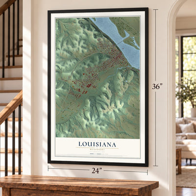 Louisiana, Missouri map, 24 x 36 inch print in a black frame by a staircase