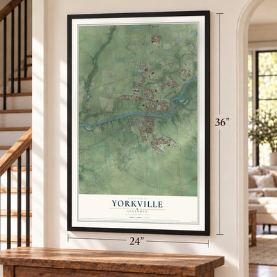 Yorkville, Illinois map, 24 x 36 inch print in a black frame by a staircase