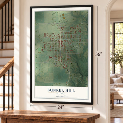 Bunker Hill, Illinois map, 24 x 36 inch print in a black frame by a staircase
