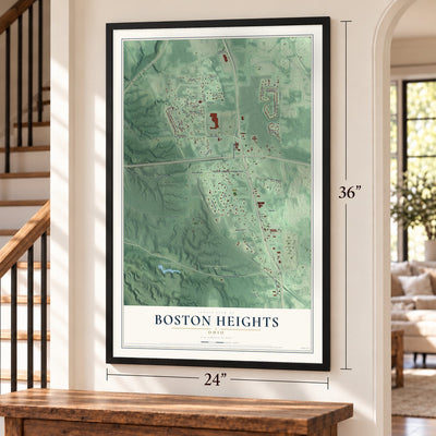 Boston Heights, Ohio map, 24 x 36 inch print in a black frame by a staircase