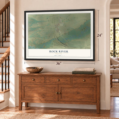 Rock River, Wyoming map, 24 x 36 inch print in a black frame above a dresser by a staircase