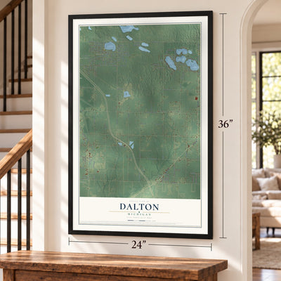 Dalton, Michigan map, 24 x 36 inch print in a black frame by a staircase