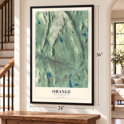 Orange, Massachusetts map, 24 x 36 inch print in a black frame by a staircase