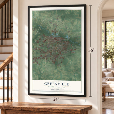 Greenville, North Carolina map, 24 x 36 inch print in a black frame by a staircase