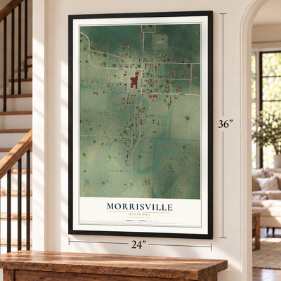 Morrisville, Missouri map, 24 x 36 inch print in a black frame by a staircase