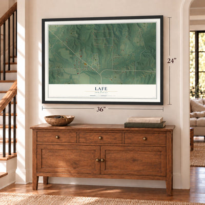 Lafe, Arkansas map, 24 x 36 inch print in a black frame above a dresser by a staircase